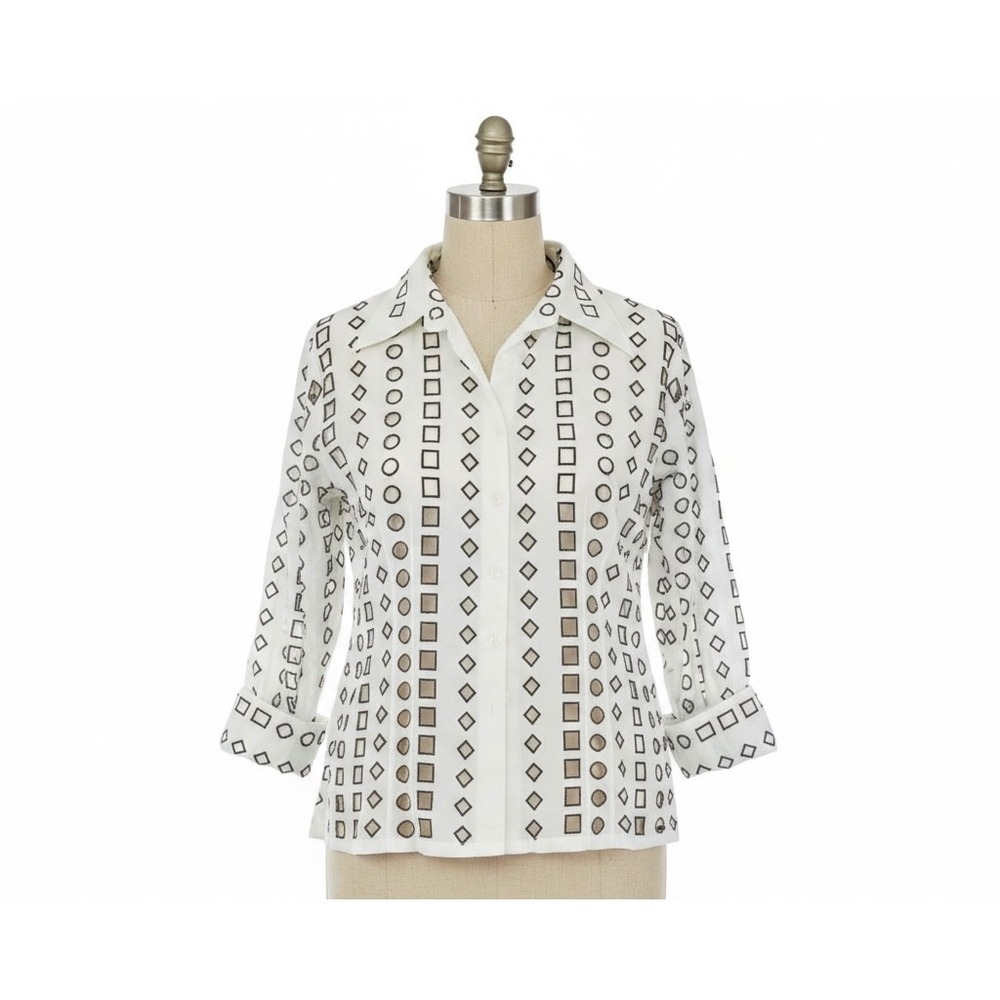 La Rea Collection Linen Geometric Cutout Button Up Shirt White XL